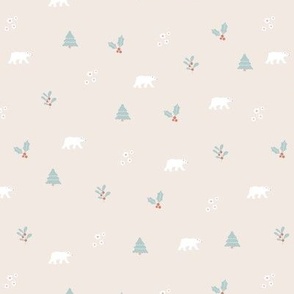 Seasonal christmas trees mistletoe and polar bears winter design for kids cool blue gray white on beige sand