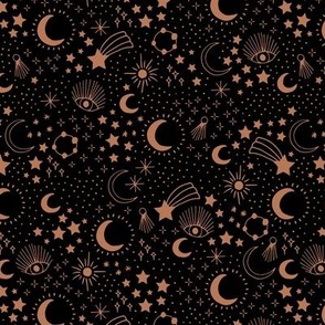 Mystic Universe party sun moon phase and stars sweet dreams terracotta golden caramel on black