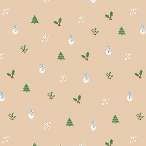 Seasonal christmas trees mistletoe and snowmen winter design for kids green blue white on sand beige 