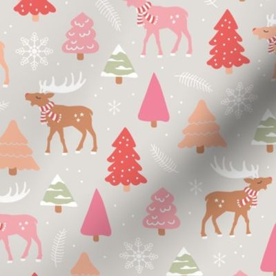 Reindeer woodland and Christmas trees in a winter wonderland boho holidays soft sand beige coral red  and pink for girls