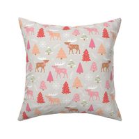 Reindeer woodland and Christmas trees in a winter wonderland boho holidays soft sand beige coral red  and pink for girls