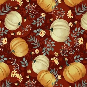 Fall pumpkins with maroon background and sunflowers