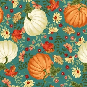 Teal background autumn pumpkins and colorful flowers for fall 