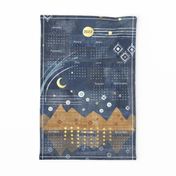 Aztec Vista Calendar 2022 | Denim patchwork with mountains in gold ochre, blue and gold, moon and stars boho fabric calendar.