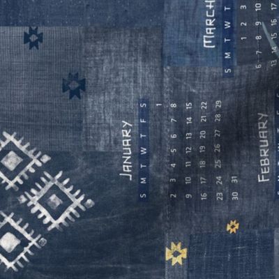 Aztec Vista Calendar 2022 | Denim patchwork with mountains in gold ochre, blue and gold, moon and stars boho fabric calendar.