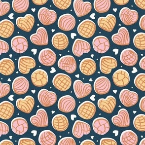 Tiny scale // Mexican pan dulce // nile blue background pink and yellow conchas