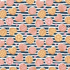 Tiny scale // Mexican pan dulce // nile blue stripes background pink and yellow conchas