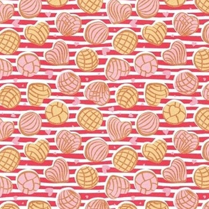 Tiny scale // Mexican pan dulce // pink and white stripes background pink and yellow conchas