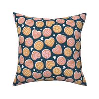 Small scale // Mexican pan dulce // nile blue background pink and yellow conchas