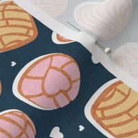 Small scale // Mexican pan dulce // nile blue background pink and yellow conchas