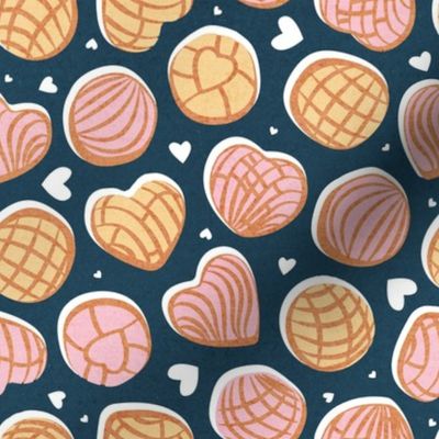 Small scale // Mexican pan dulce // nile blue background pink and yellow conchas