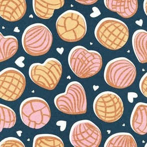 Small scale // Mexican pan dulce // nile blue background pink and yellow conchas