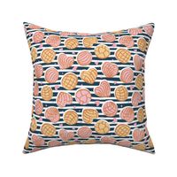 Small scale // Mexican pan dulce // nile blue stripes background pink and yellow conchas