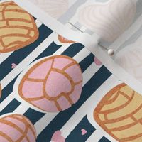 Small scale // Mexican pan dulce // nile blue stripes background pink and yellow conchas