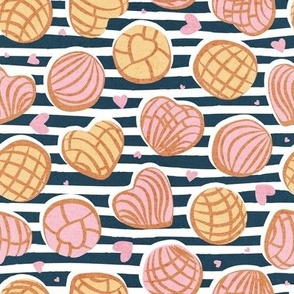 Small scale // Mexican pan dulce // nile blue stripes background pink and yellow conchas