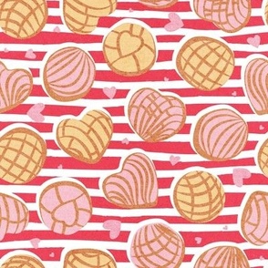 Small scale // Mexican pan dulce // pink and white stripes background pink and yellow conchas