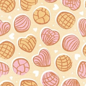 Small scale // Mexican pan dulce // pale yellow background pink and yellow conchas