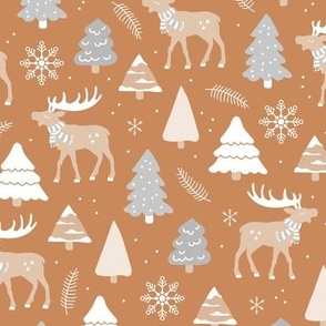Boho reindeer woodland and Christmas trees in a winter wonderland boho holidays soft sand beige gray on terracotta caramel