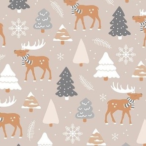 Boho reindeer woodland and Christmas trees in a winter wonderland boho holidays soft sand gray terracotta caramel on beige