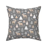 Boho reindeer woodland and Christmas trees in a winter wonderland boho holidays soft sand  beige gray on charcoal