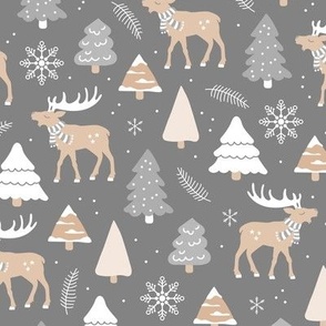 Boho reindeer woodland and Christmas trees in a winter wonderland boho holidays soft sand  beige gray on charcoal
