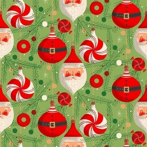 Santa and Ornaments ~ on green