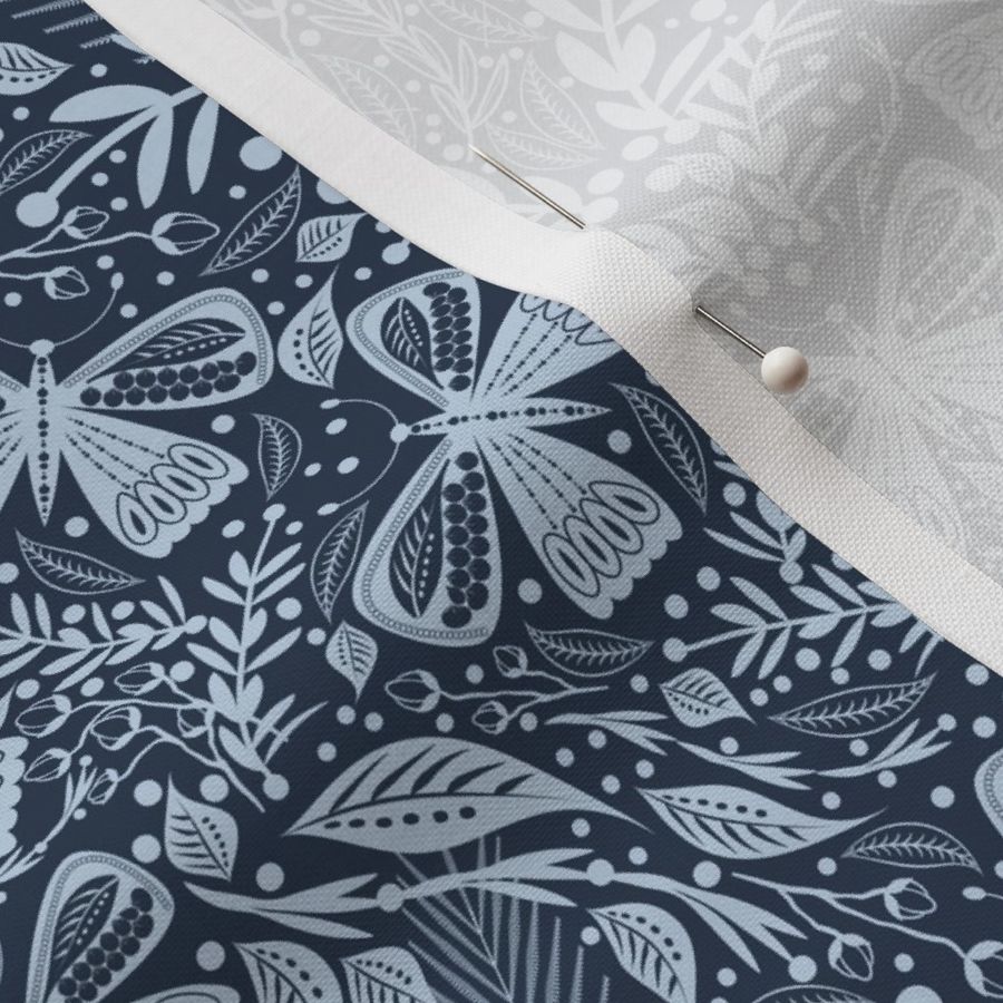 Butterfly Garden Damask Navy Fog