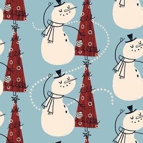 Mid-Century Snowman ~ dusty blue/red