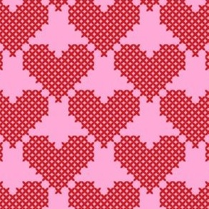 Red Faux Embroidery Cross-stitch Hearts in Pink