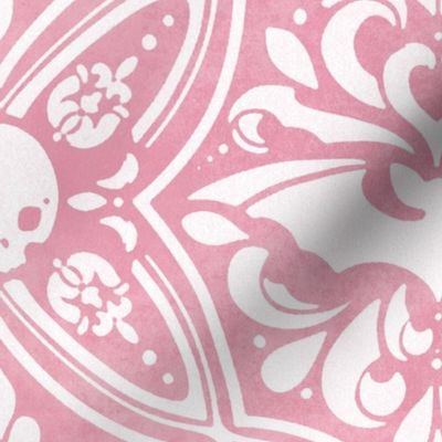 Mephistophelean Damask Pink – florals, bats and skulls