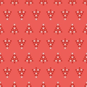 Modern Cross stitch Christmas trees pattern on coral-small