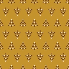 Modern Cross stitch Christmas trees pattern on mustard-small