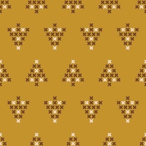 Modern Cross stitch Christmas trees pattern on mustard