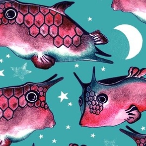 Pink fish in the starry sky, on a dark turquoise background