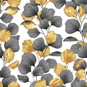 Black and gold leaves on white