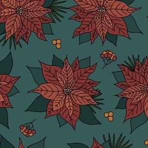 Boho Poinsettia Christmas Floral in Dark Green Brown