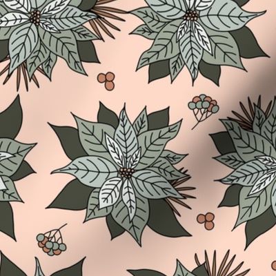 Boho Poinsettia Christmas Floral in Gray Green Peach Pink