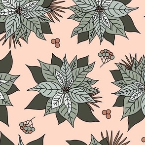 Boho Poinsettia Christmas Floral in Gray Green Peach Pink