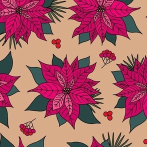 Traditional Poinsettia Christmas Floral in pink red green tan
