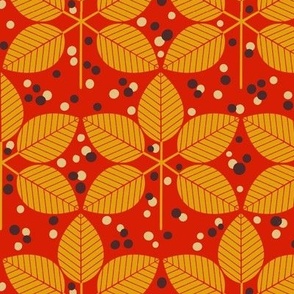 Autumn Dotty Leaves - Gold on Red