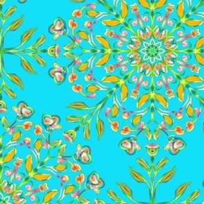 Bohemian Folk Art Floral Kaleidoscope on Turquoise Blue
