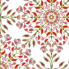 Bohemian  Floral Kaleidoscope Red on White