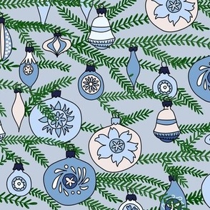 Blue Christmas Tree Branches with Fifties Ornaments