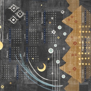 Aztec Vista Calendar 2022 | Black denim patchwork with mountains in gold ochre, charcoal black and gold, moon and stars boho fabric calendar.