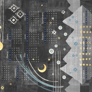Aztec Vista Calendar 2022 | Black denim patchwork with mountains in gray, charcoal black and gold, moon and stars boho fabric calendar.