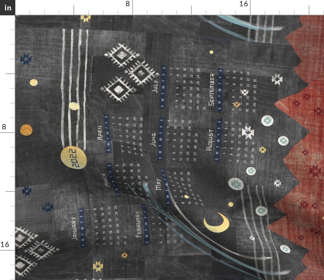 Aztec Vista Calendar 2022 | Black denim patchwork with mountains in red ochre and gold, moon and stars boho fabric calendar.