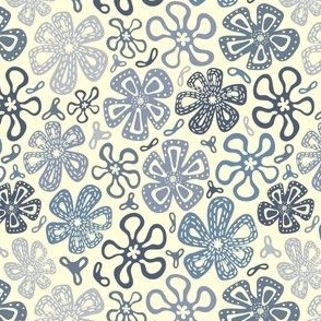 Patchwork Blue Line Flowers, blues, gray on Cream, small size/scale