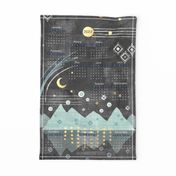 Aztec Vista Calendar 2022 | Black denim patchwork with mountains in teal and gold, moon and stars boho fabric calendar.