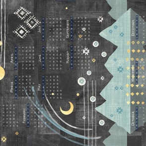 Aztec Vista Calendar 2022 | Black denim patchwork with mountains in teal and gold, moon and stars boho fabric calendar.