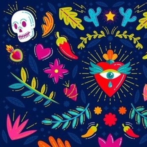 Mexican Floral, Sugar Skull, Heart with an Eye, Folk Art